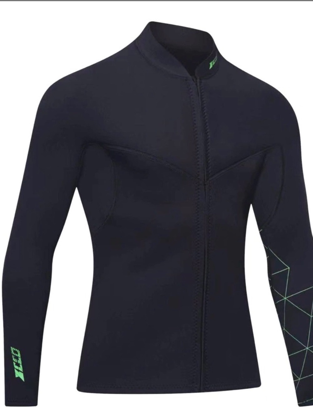 Men’s Black Neoprene Wetsuit Jacket with Subtle Lime Accents Front Zipper 3mm XL